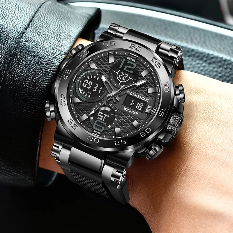 FOXBOX Casual Sports Watch For Men Top Brand Luxury LED Big Dial Watch Men Waterproof Luminous Men's Quartz Wristwatches