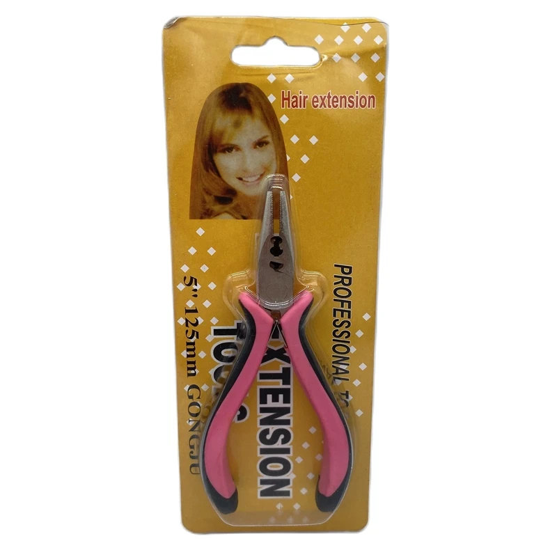 Pink handle carbon steel straight nose plier with 3 holes Feather hair extension clamp 1 piece