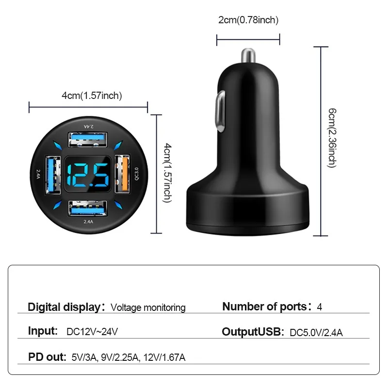 Car Charger Quick Charge Cigarette Lighter Adapter 4 Port USB A USB C Fast Charging for iPhone Xiaomi
