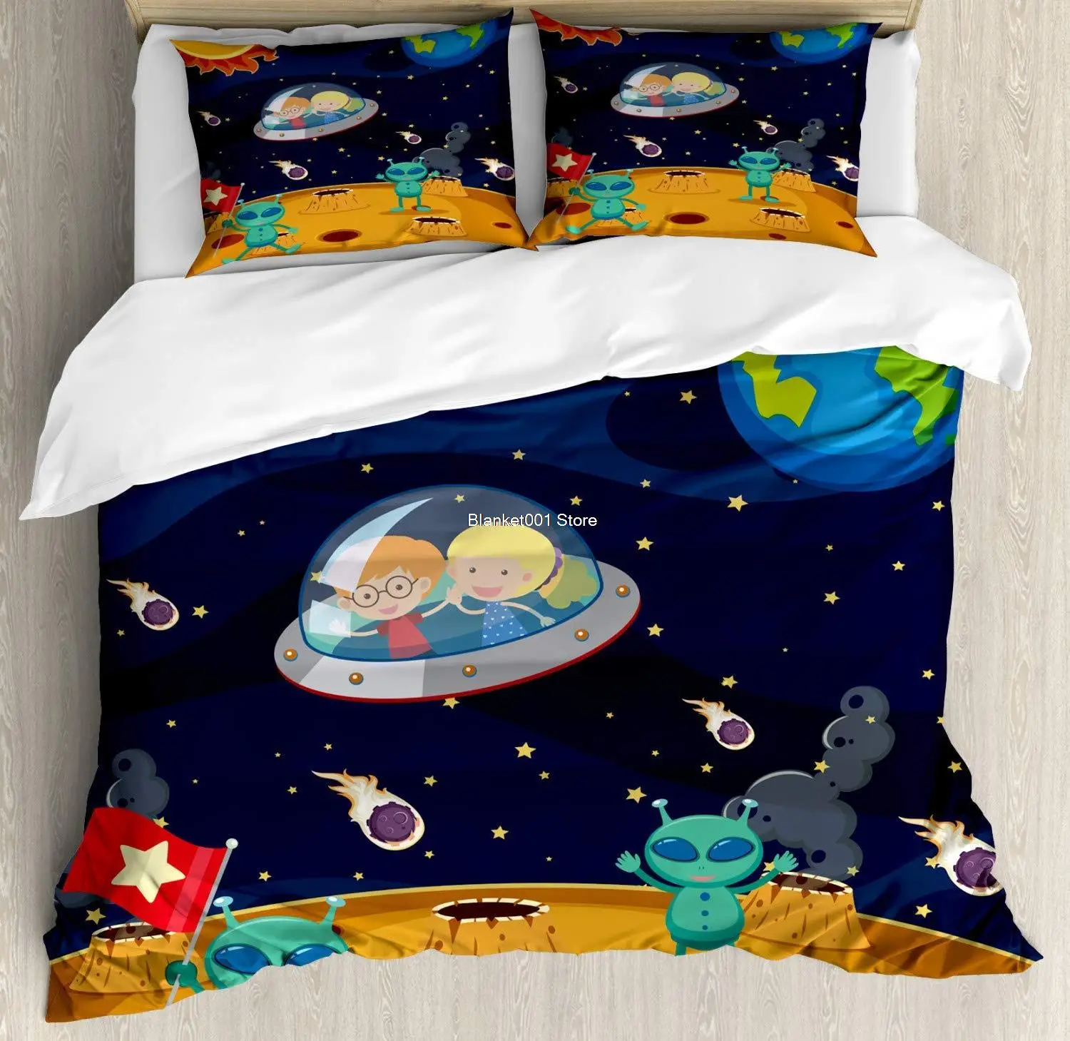 

Alien Duvet Cover Set Children Travel into Space in a Spaceship World Sun Decorative 3 Piece Bedding Set with 2 Pillow Shams