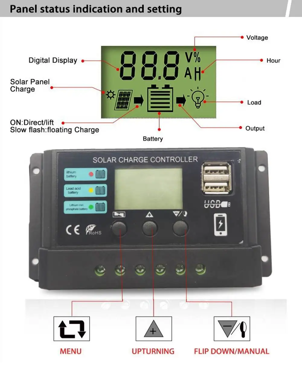 Mppt-controlador de Carga Solar com Display Lcd Auto Cell Panel Regulador de Carregador com Carga Dual Usb 12v 24v 10 a 20 a 30 a 40 a 50a