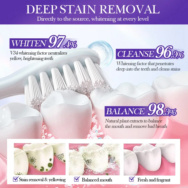 V34 Purple Whitening Toothpaste Remove Yellow Stains Gel Dental Plaque Bleaching Cleaning Oral Hygiene Brighten Tooth Care Tools teeth whitening product teeth whitening essence teeth health product