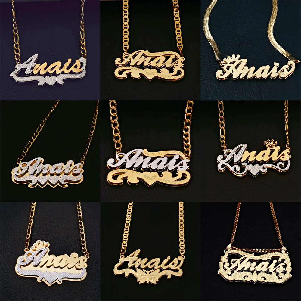 Custom Name Double Layered Necklaces 3D Nameplate Pendant Gold Color Plated Stainless Necklace Choker  Hip Hop Jewelry Gifts