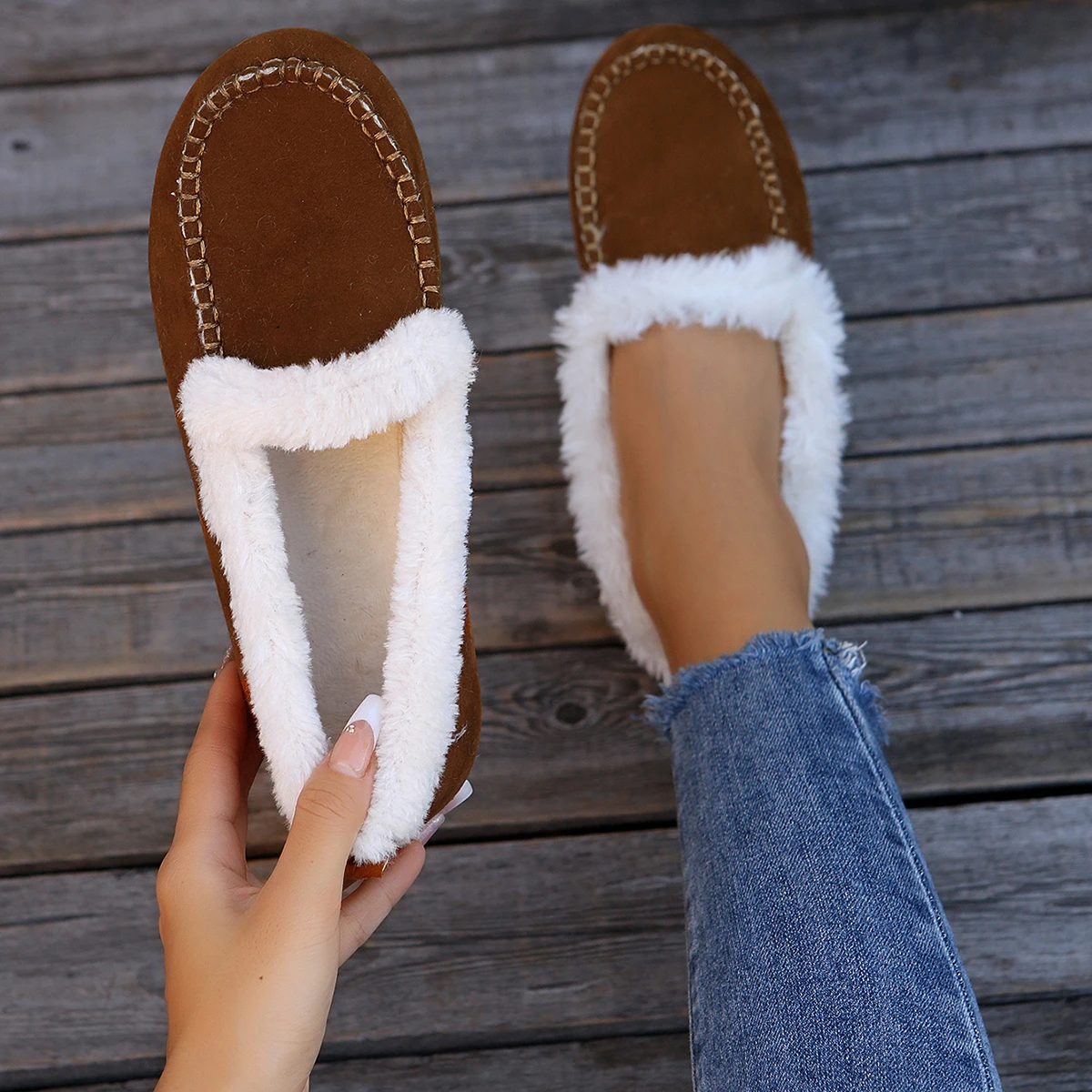 Aphixta Soft Furry Loafers Flat With Women Shoes Slip On Sewing Casual Round Toe Flats Woman Classic Shoe Autumn Winter Loafers