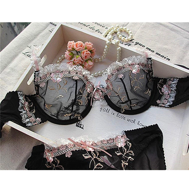 Women's Sexy Thin Cup Lace Color Matching Bra Set Shaping Gathered Underwear  Set 