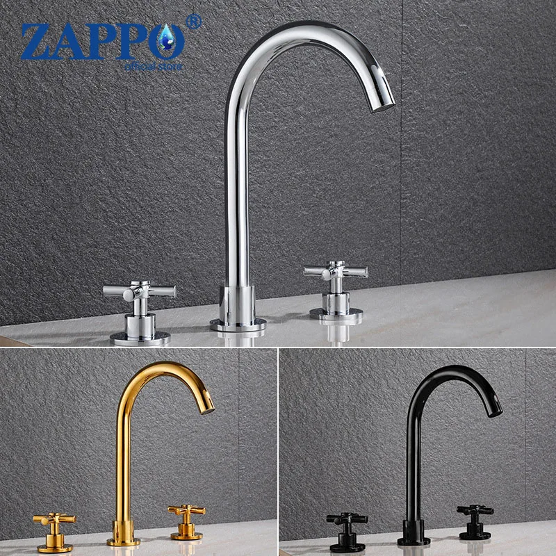 ZAPPO Solid Brass Bathroom Basin Mixer Tap Gold Bathroom Faucet Dual Handles 3 holes 3 pcs Deck Mounted Taps Hot Cold Water