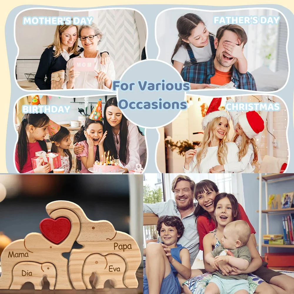 Customized Elephant Family Wooden Puzzle Sculpture with Free Engraving - Perfect Gift Decor