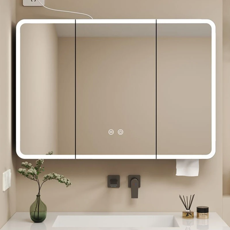 ตู้กระจกอัจฉริยะติดผนังห้องน้ำ อลูมิเนียมทรงโค้ง พร้อมชั้นวางของและที่เก็บของในห้องน้ำ 1