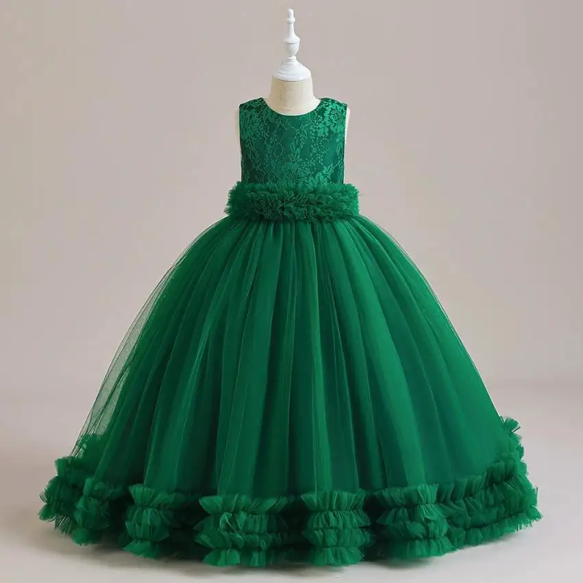 

New Children's Princess Evening Gown Lace Mesh Stitching Kids Catwalk Perform Birthday Wedding Prom Party Girl's Dress A3047