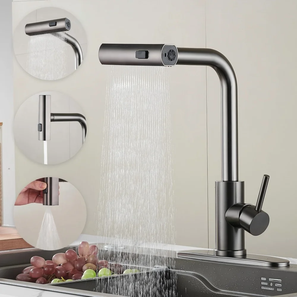 STARON Kitchen Faucets Gray Pull Out Rotation Waterfall Stream Sprayer Head Sink Mixer Brushed Nickle Water Tap Accessorie
