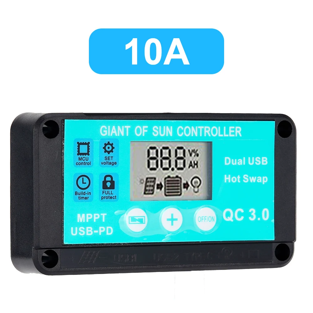 태양광 충전 컨트롤러, PWM 12V 24V 레귤레이터, 태양광 패널, PV 가정용 배터리 충전기, LCD 듀얼 USB, 5V 출력, 10A