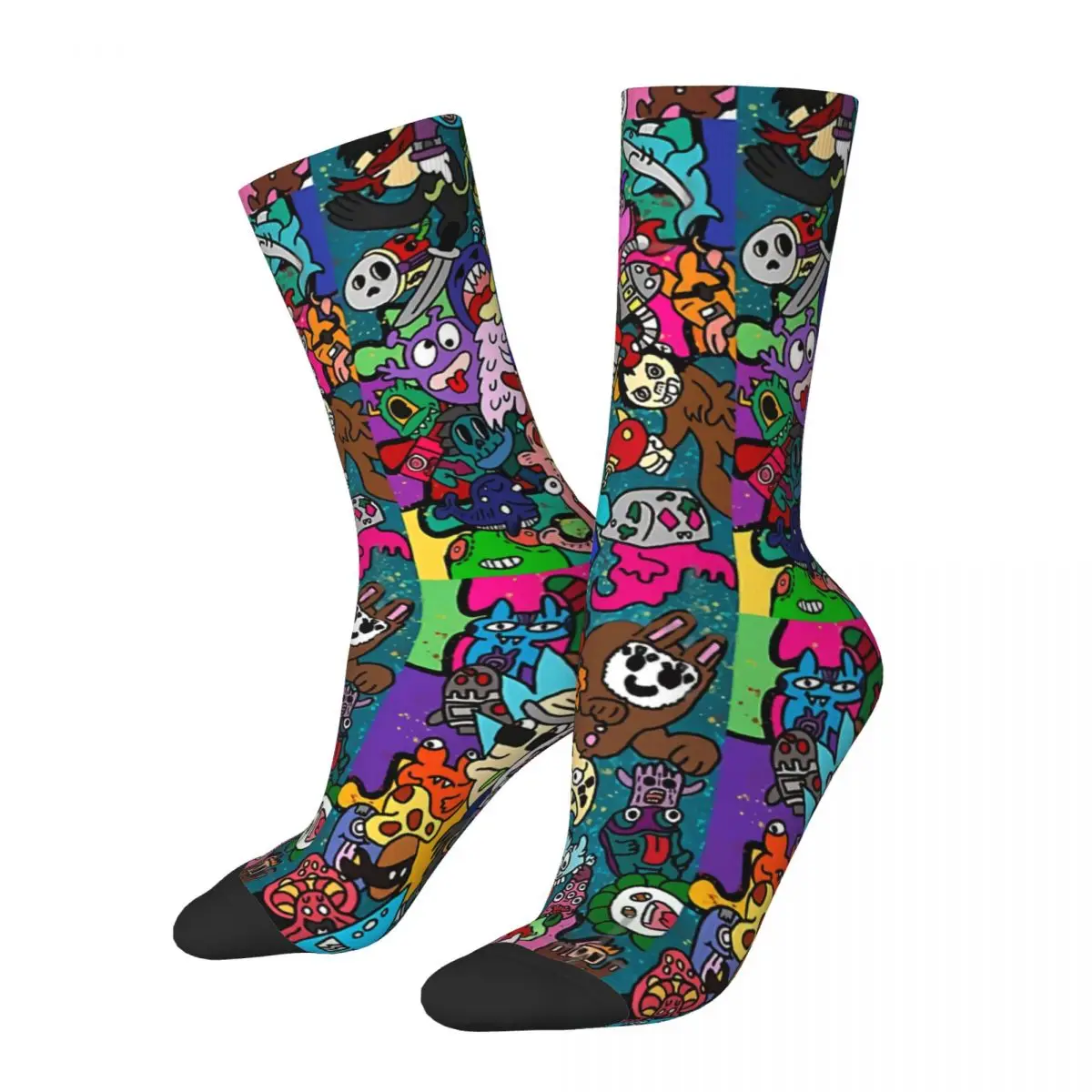 

Crazy Sock for Men Cute Doodle Monsters Design Hip Hop Harajuku Doodle Art Seamless Pattern Printed Boys Crew Sock Novelty Gift