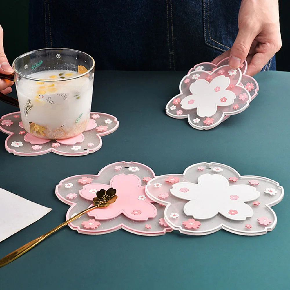 Sakura Floral Pink Coaster - Elegant PVC Heat-Resistant Mat for Home and Office Decoration