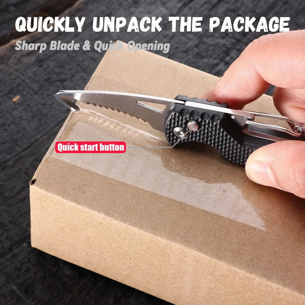 Faca dobrável portátil para acampamento ao ar livre, Express Parcel Knife Cortador de gancho serrilhado inoxidável, Carry-on Survival Tool, Box Opener