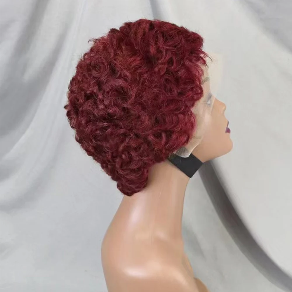 13x4 Lace Frontal Short Pixie Cut Curly Wave 99J Color Human Hair Wigs 180% Density Human Hair Wig for Black Women
