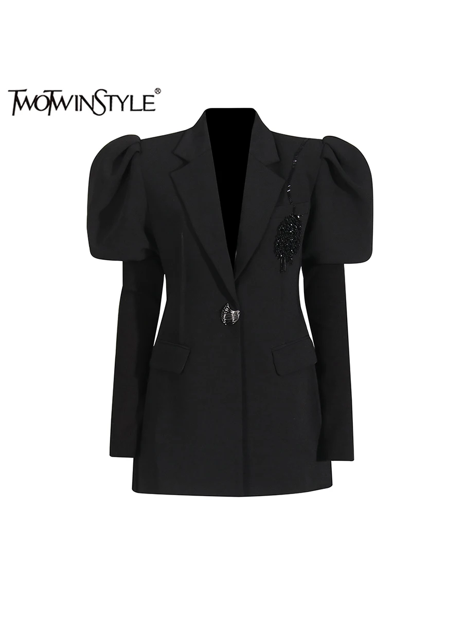 TWOTWINSTYLE Solid Designer Blazers For Women Shawl Collar Puff Sleeve Tunic Patchwork Button Temperament Coats Female Fashion