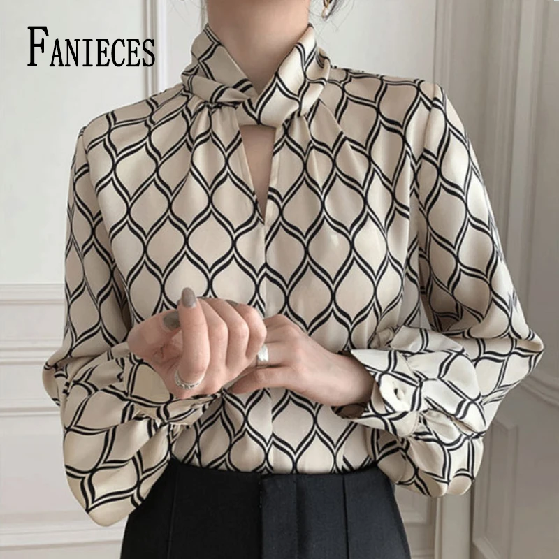 

FANIECES Fashion Lattice Print Satin Women Blouse Loose Long Sleeve Elegant French Style Female Shirt Tops blusa mujer moda 2023