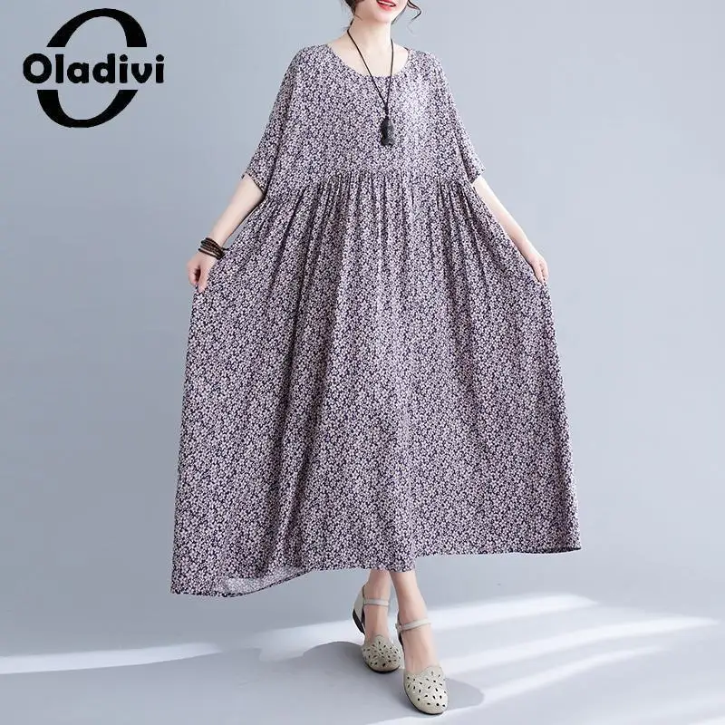 

Oladivi Fashion Print Women Large Size Bohemian Beach Dress 2023 Summer Short Sleeve Long Dresses Ladies Oversized Clothing 6502