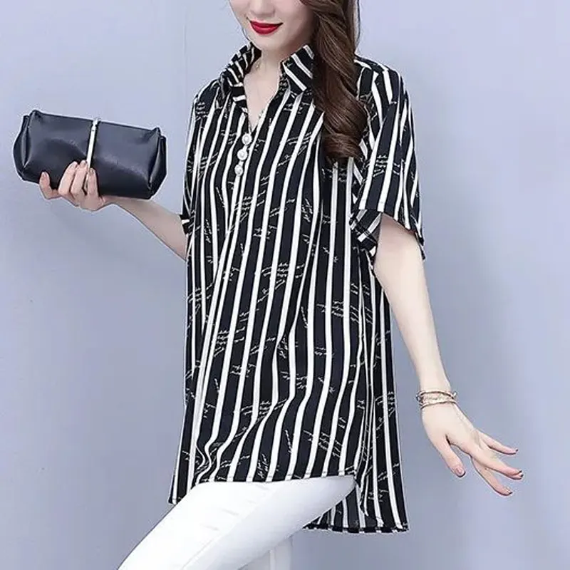 Fashion Striped Printed Letter Shirt Women's Clothing Turn-down Collar Button Commute Summer Casual Loose Short Sleeve Blouse