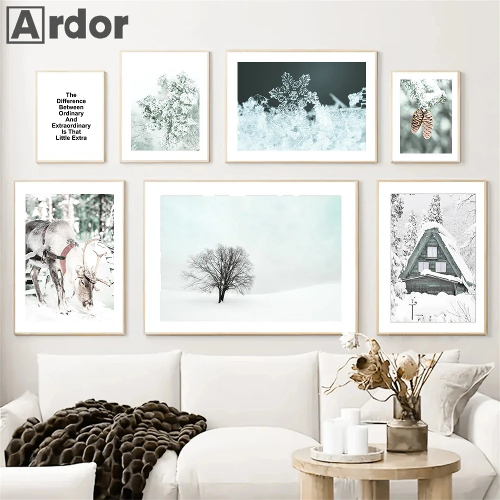 

Winter Snow Landscape Paintings Crystal Snowflake Scene Wall Art Canvas Poster Elk Pine Cone Print Pictures Living Room Decor
