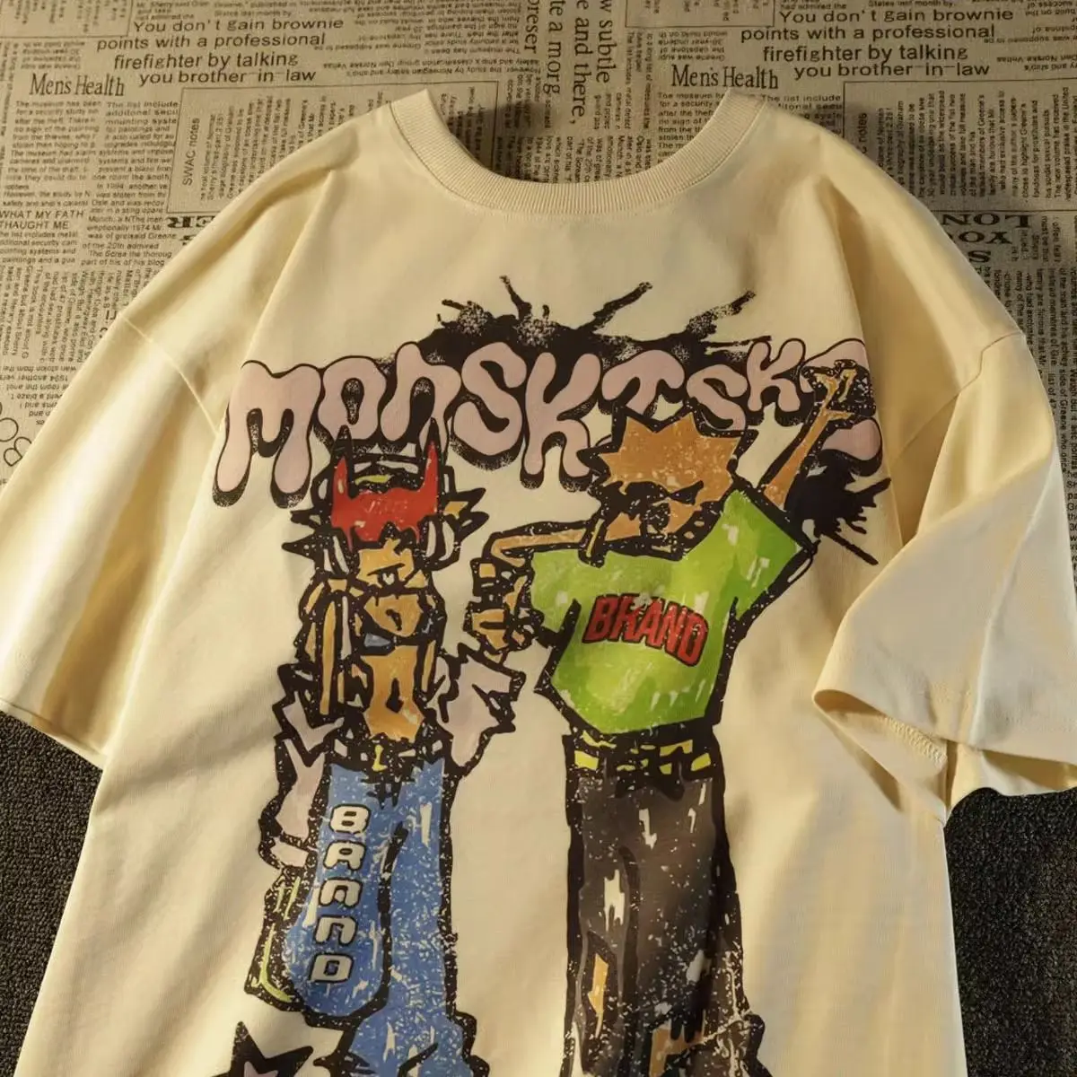 

Street trend American men and women loose fitting personality cartoon print short sleeved couple retro casual T-shirt harajuku