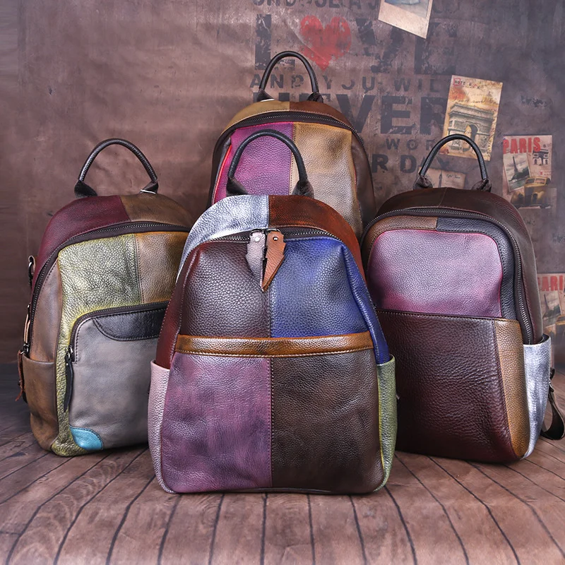 2024 New Hand-painted Panelled Women Backpack Genuine Leather Female Retro Bag Leisure Vintage Travel Backpack Mochila 2