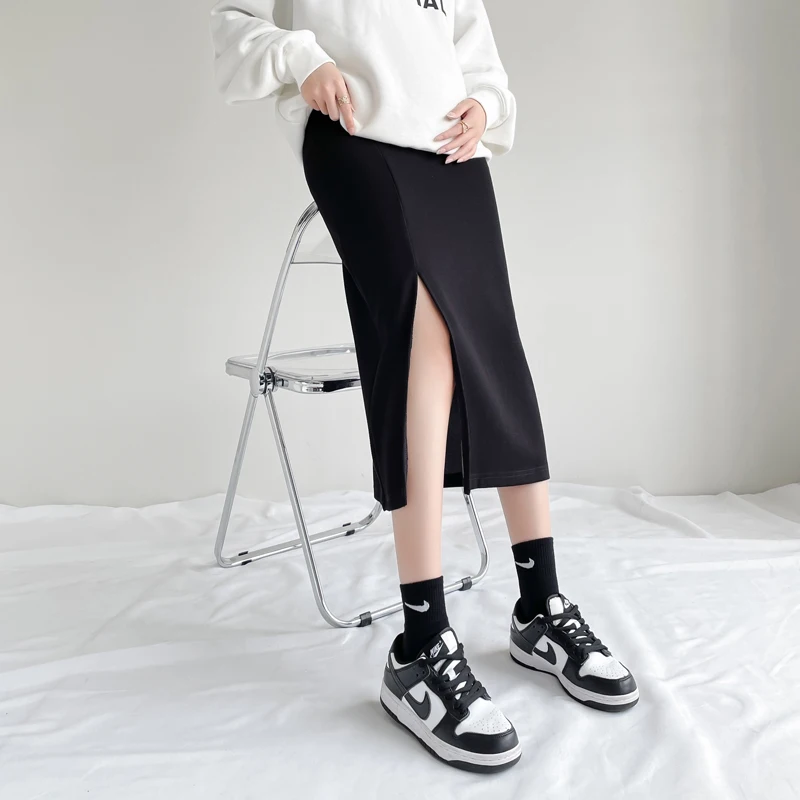 1105# Autumn Winter Cotton Knitted Maternity Skirts Side Splits Stretch Bottoms Clothes for Pregnant Women Slim Pregnancy Pencil