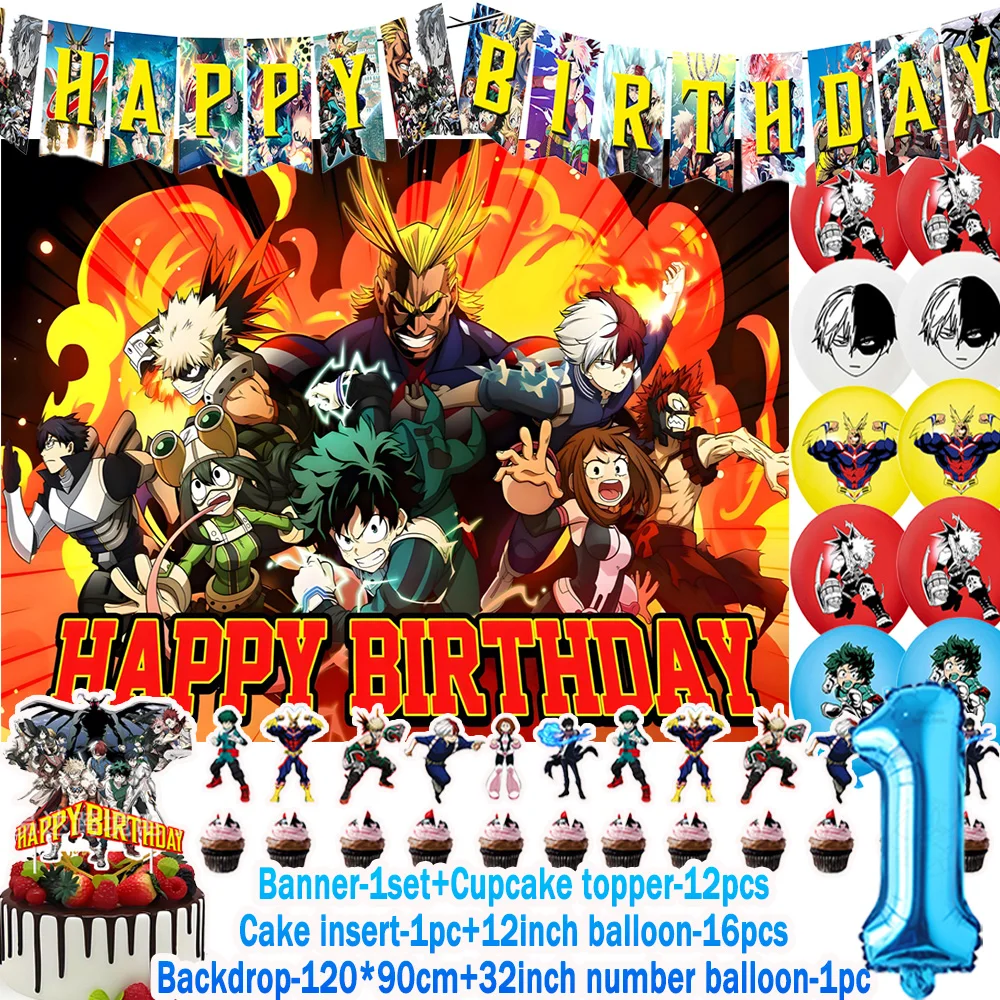 Anime My Hero Academia Theme Kids Birthday Party Decorations Set - Balloons, Cake Topper, Banner, Backdrop, and Baby Shower Props
