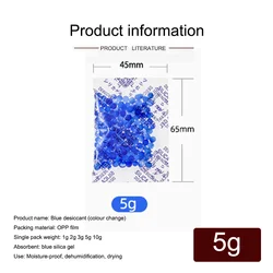 Blue Silica Gel Discoloration Moisture Absorbing Bag - Reusable Dehumidifier Sachet - 100 Pack (5g)