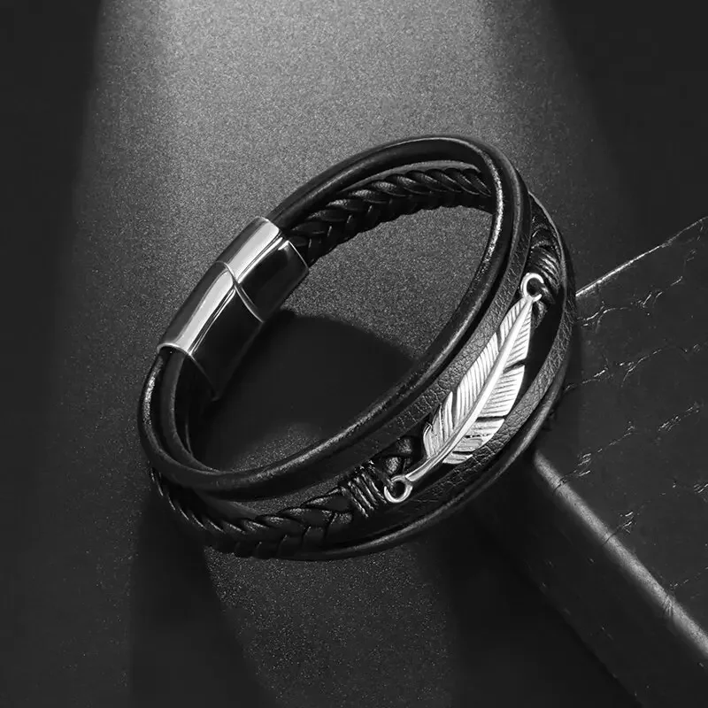 Classic Multi-layered Leather Feather Metal Buckle Bracelet Men's Business Casual Party Jewelry Gifts leather braided bracelet leather bracelet