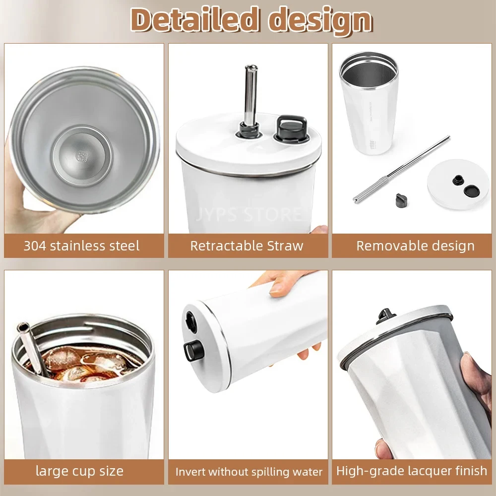 Tyeso Vacuum Insulated Coffee Cup With Straw Thermos Mug Leak-Proof 600Ml