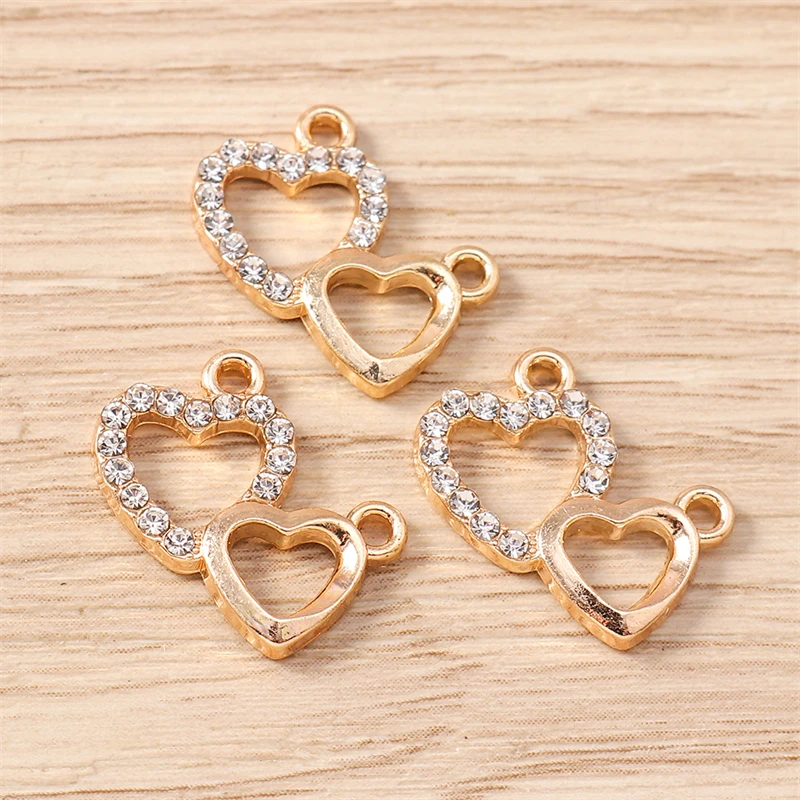 10 Stück 16x15mm Niedliche Kristall-Legierung Doppelherz-Anhänger für Schmuckherstellung, Ohrringe, Halsketten, DIY-Bastelzubehör