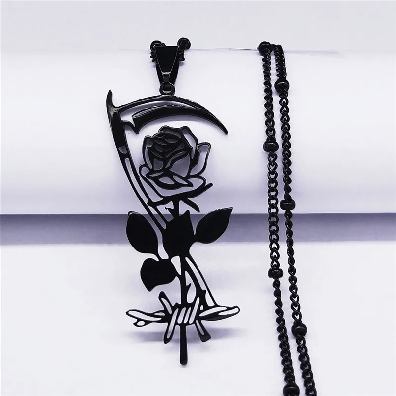 Goth Sickle Rose Flower Necklace for Women Men Stainless Steel