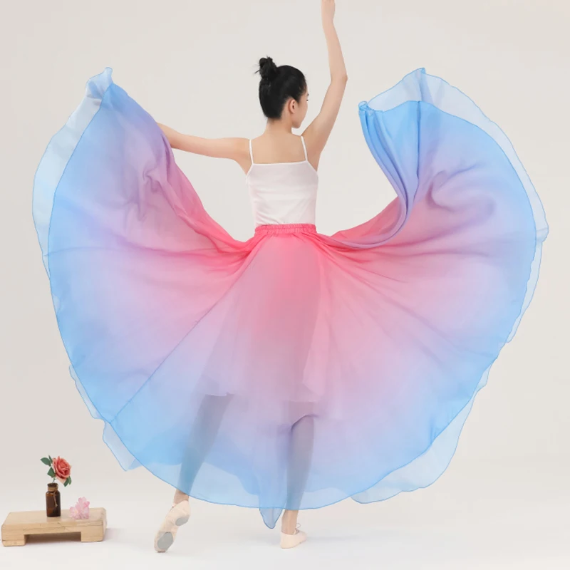 Female Elegant Gradient Ballet Skirts 720 Degrees Big Hem Classical Dance Costume Chiffon Flowy Practice Dancewear 80 90 100CM 