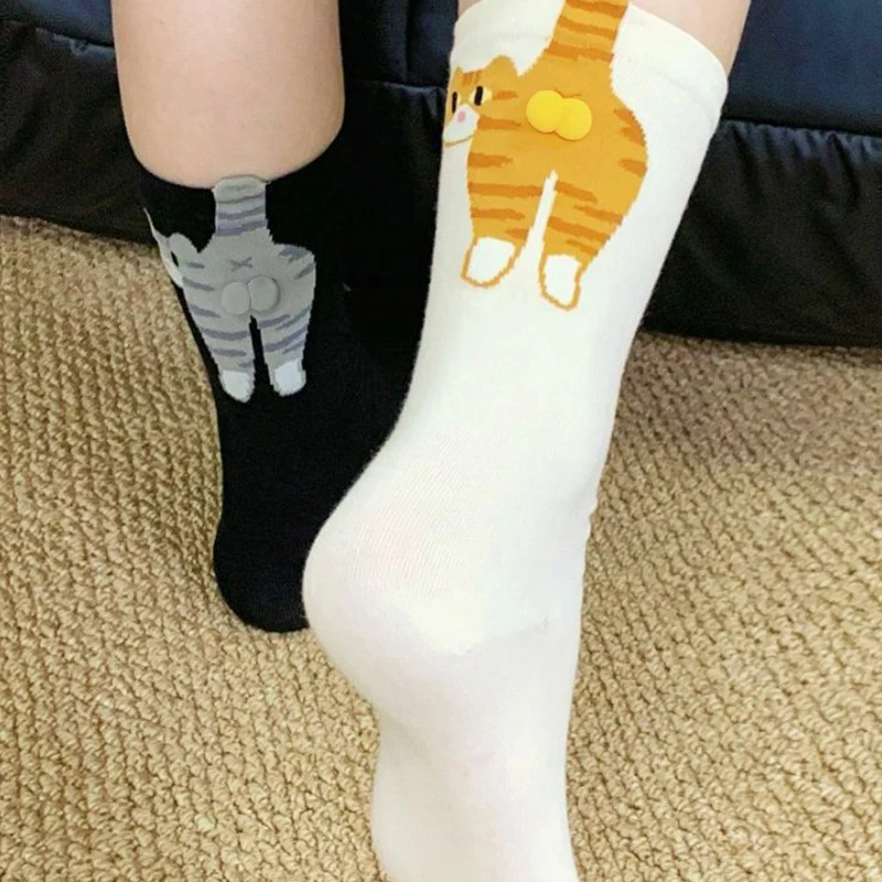 Japanese Style Cartoon Cute 3d Cat Balls Socks For Women Medium Tube Knitting Socks Lolita Girls Cat Butt Print Sock