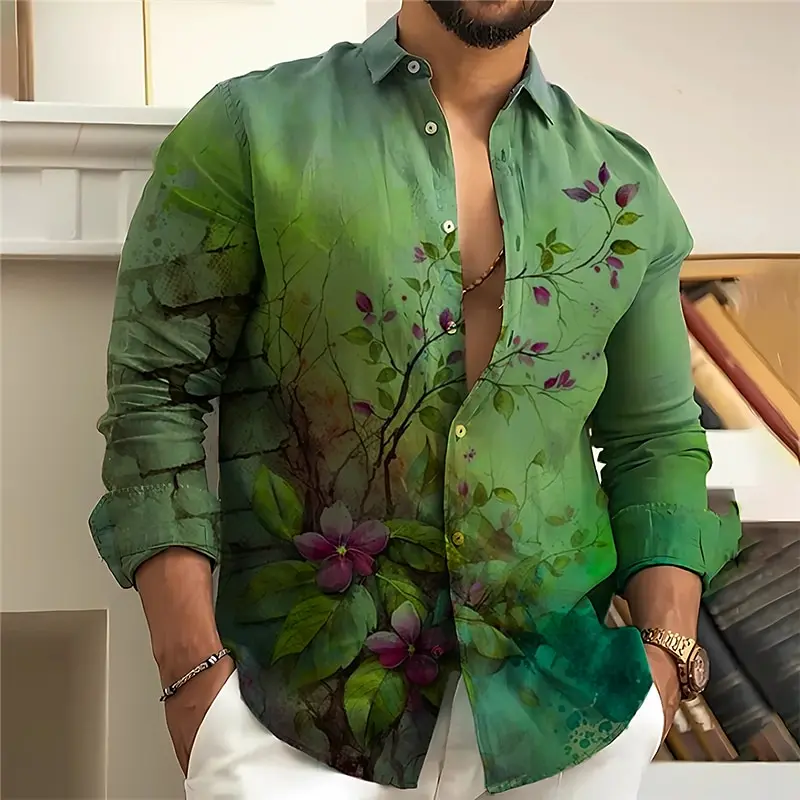 Green floral pattern print long sleeve button shirt