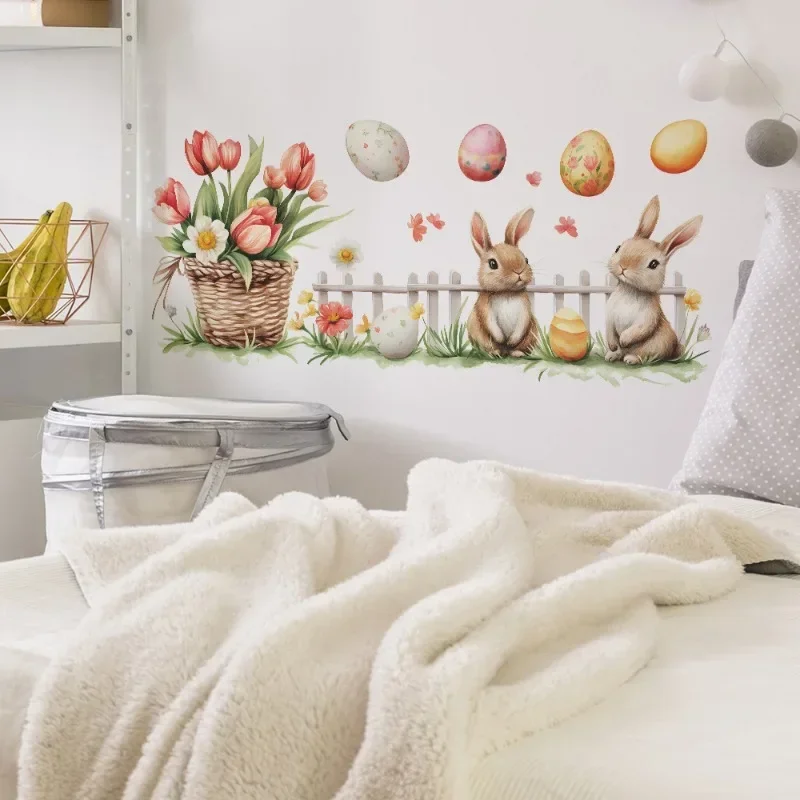 Easter Removable Wall Stickers Bunny & Basket Decor Self-Adhesive PVC Decals for Bedroom/Dorm No Residue Home Decor