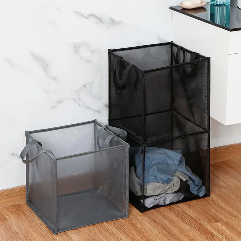 Cesto portabiancheria pieghevole, pop-up, in rete, con manici, salvaspazio, colore: nero