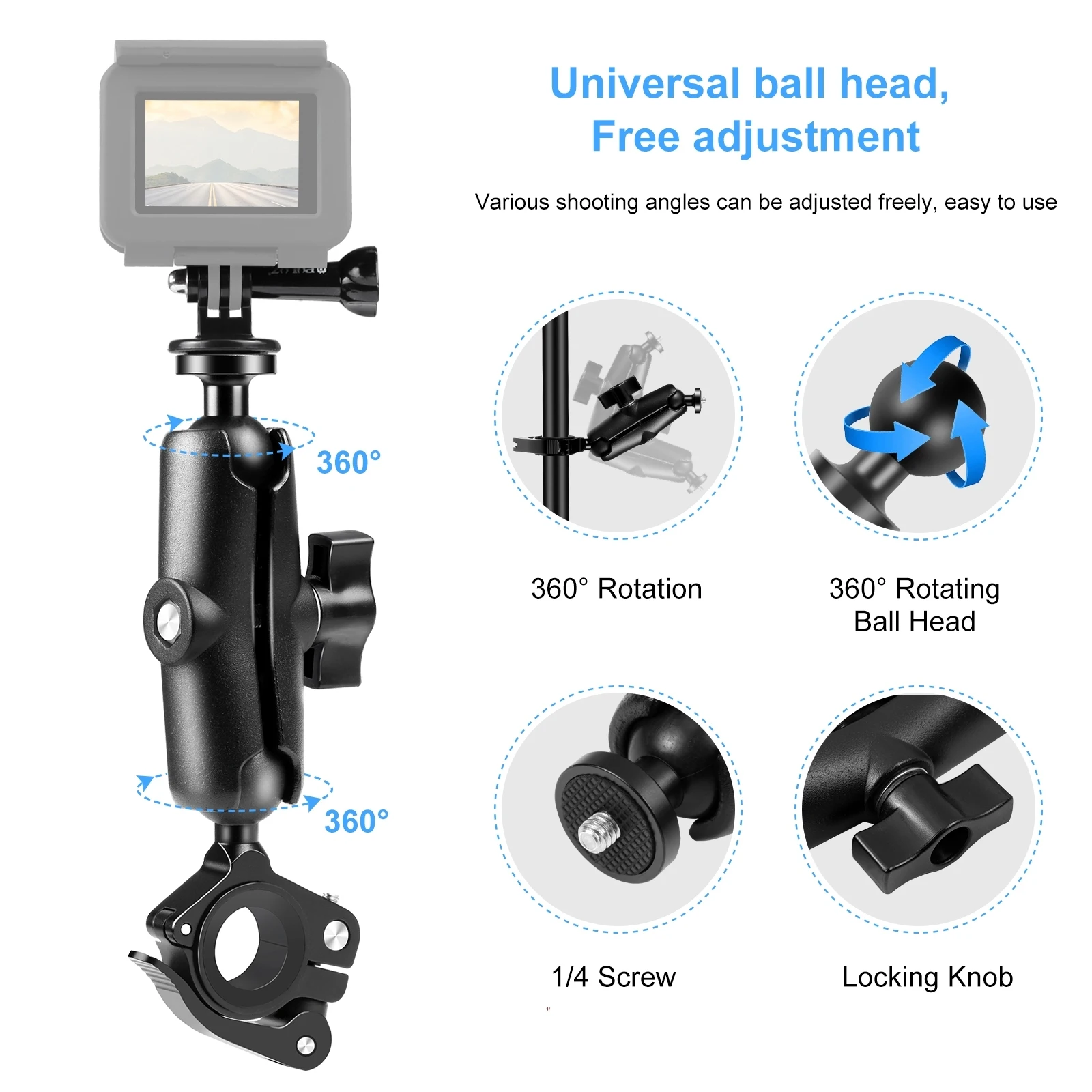 PULUZ 오토바이 알루미늄 합금 O-클립 퀵릴리즈 클램프 핸들 바 고정 마운트 거치대, GoPro 및 기타 액션 카메라용