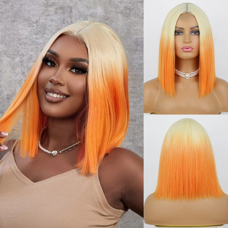 

Short Straight Bob Wigs for Women Ombre Ginger Middle Part Hair Wig 14 Inch Synthetic Fake Hair Cosplay Wig Heat Resistant Fiber