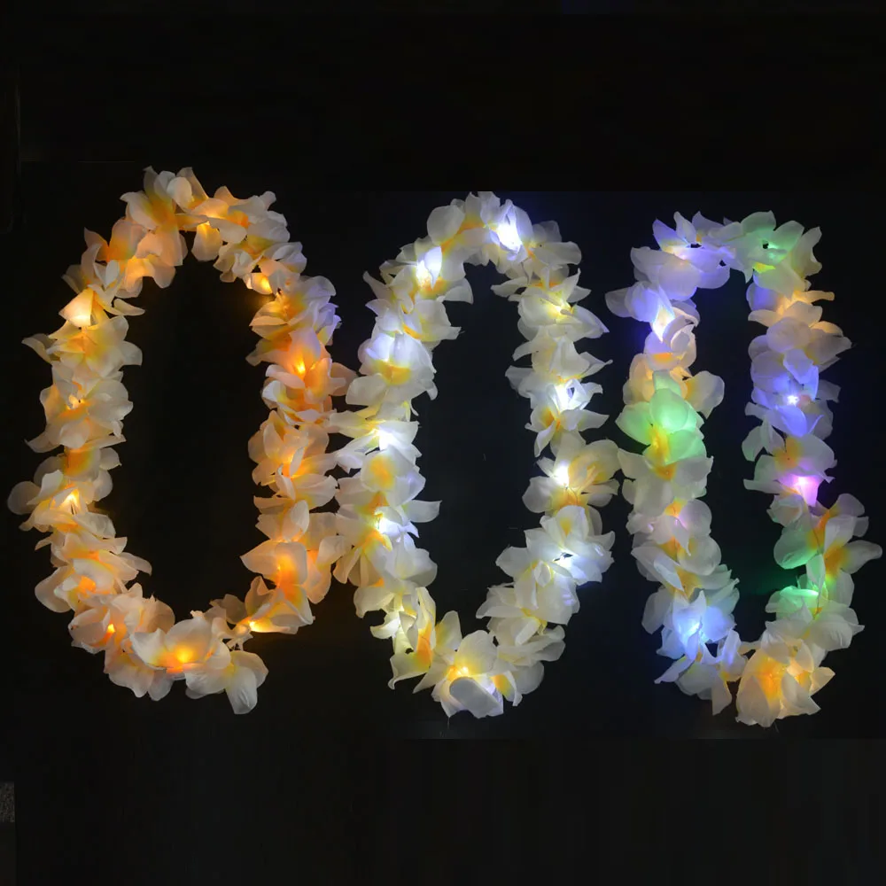 

10pcs White Hawaiian Leis Tropical Glow Party Light Up Flower Necklace Headband with LED Lights Masquerade Beach Glow Party