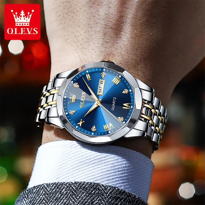 OLEVS Men Watches Luxury Trend Quartz Clock Luminous Calendar Waterproof Round Diamond Shaped Glass Watch Stainless 2023 baoyi 4 types household thermometer humidity meter hd round shape clock temperature instrument