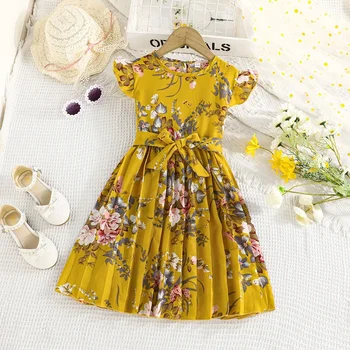 Dress For Kids 5-14 Years old Birthday Cute Floral Ruffled Sleeve Pleated Skirt Princess Dresses Ootd For Baby Girl 1