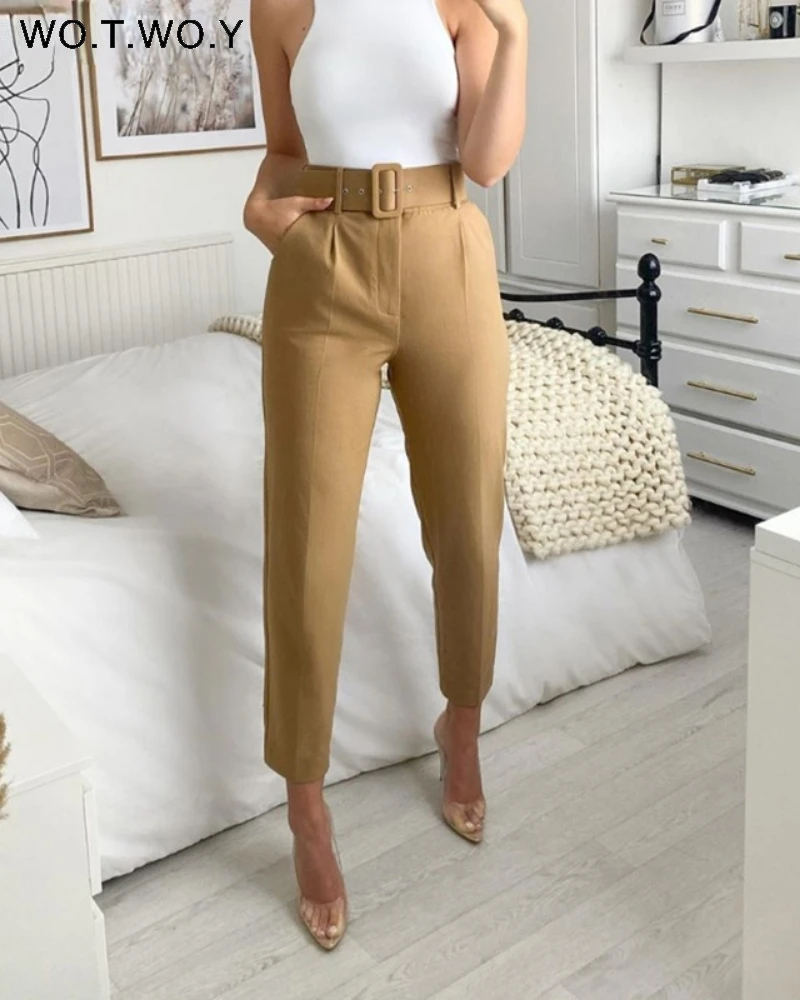 Wotwoy-elegante calças de cintura alta para as mulheres, calças lápis com  bolsos, comprimento do tornozelo, para o escritório - AliExpress