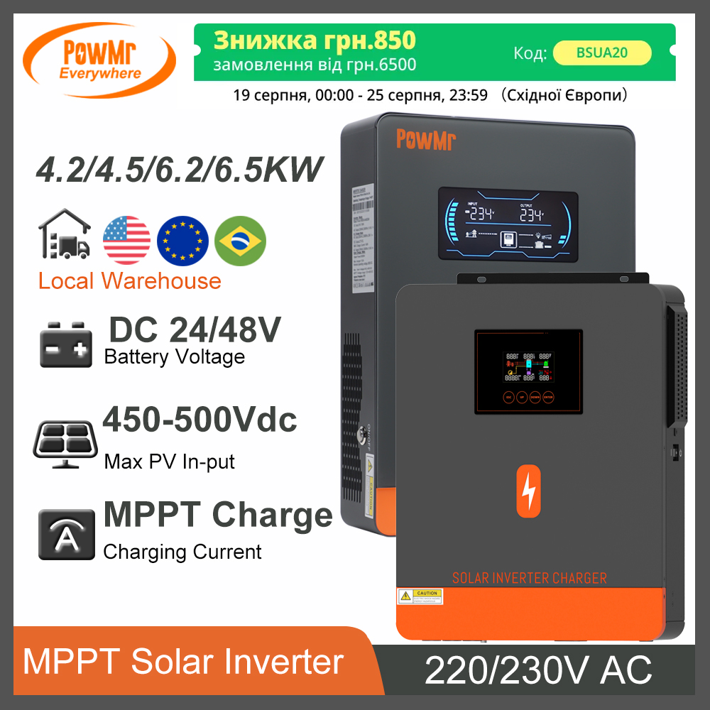 PowMr 4.2KW 6.2KW Hybrid Power Inverter MPPT Solar Charge 24V 48V to 230V AC Pure Sine On-Grid/Off-Grid Inversor Support LiFePo4