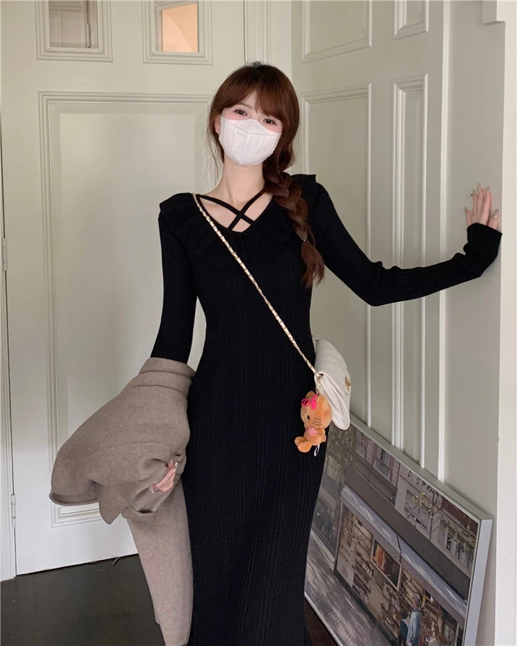 Autumn Knitted Dresses for Women Ruffles V-neck Solid Bodycon Casual Solid Midi Dress Korean Fashion Vestidos Mujer New Knitwear