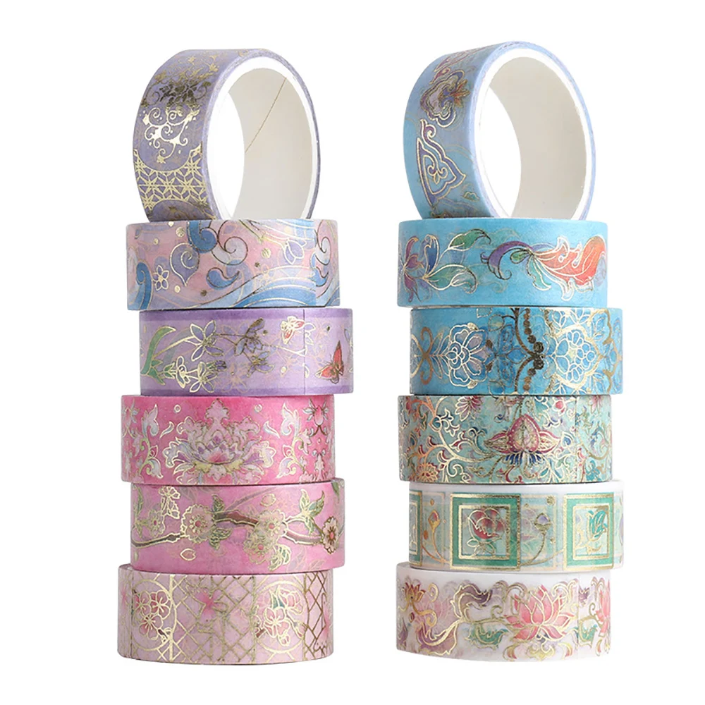 12Pcs Flower Foil Washi Tape Set Stationery DIY Scrapbooking Photo Album Decoration Student Masking Tape Stickers Gift