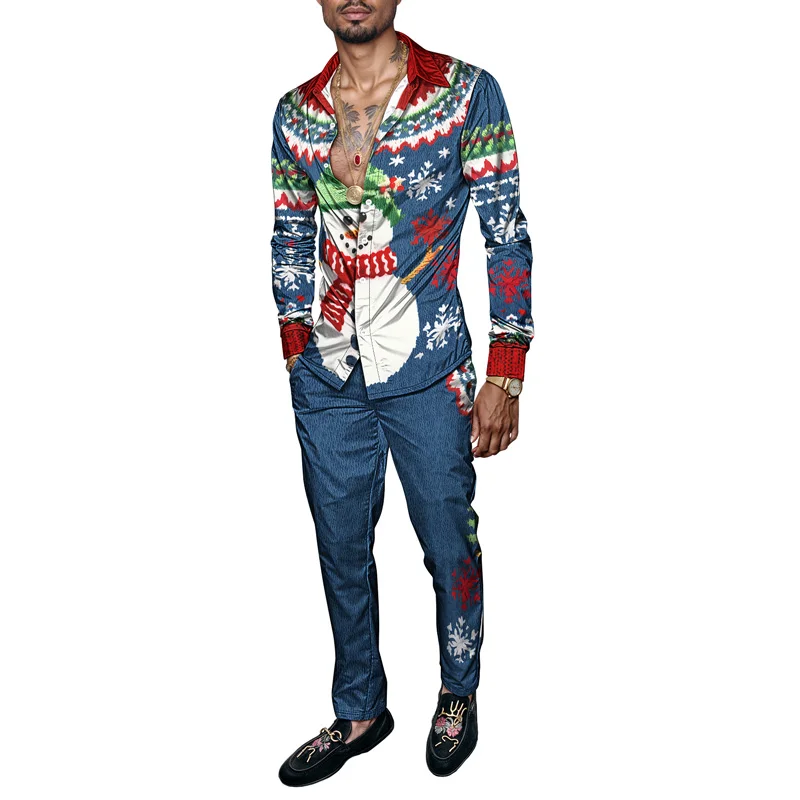 2025 Spring Summer Men Shirt Set Christmas Print Fashion Gingerbread Man Two Piece Set Mens Snowman Lightweight Party Long_viptrois.com