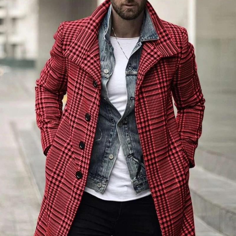 Checkered Lapel Wind Coat Men Loose Comfortable Retro Fashionable Versatile Single Breasted Autumn Winter New Mid Length Jacket