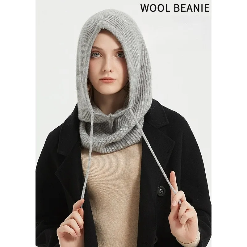 Damen-Wintermütze aus 100 % Wolle, weich, warm, Sturmhaube, Ohren-, Gesichts- und Nackenschutz, modische Mütze mit falschem Kragen, Skimütze